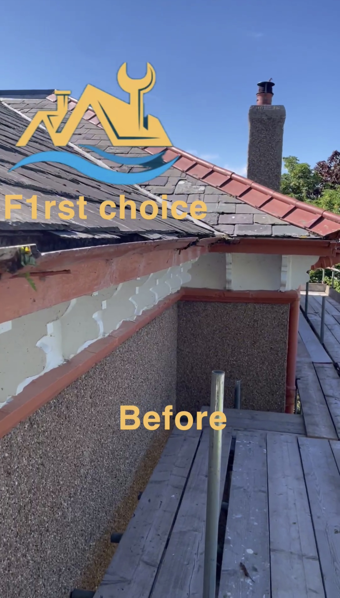 Corner roofline guttering before work