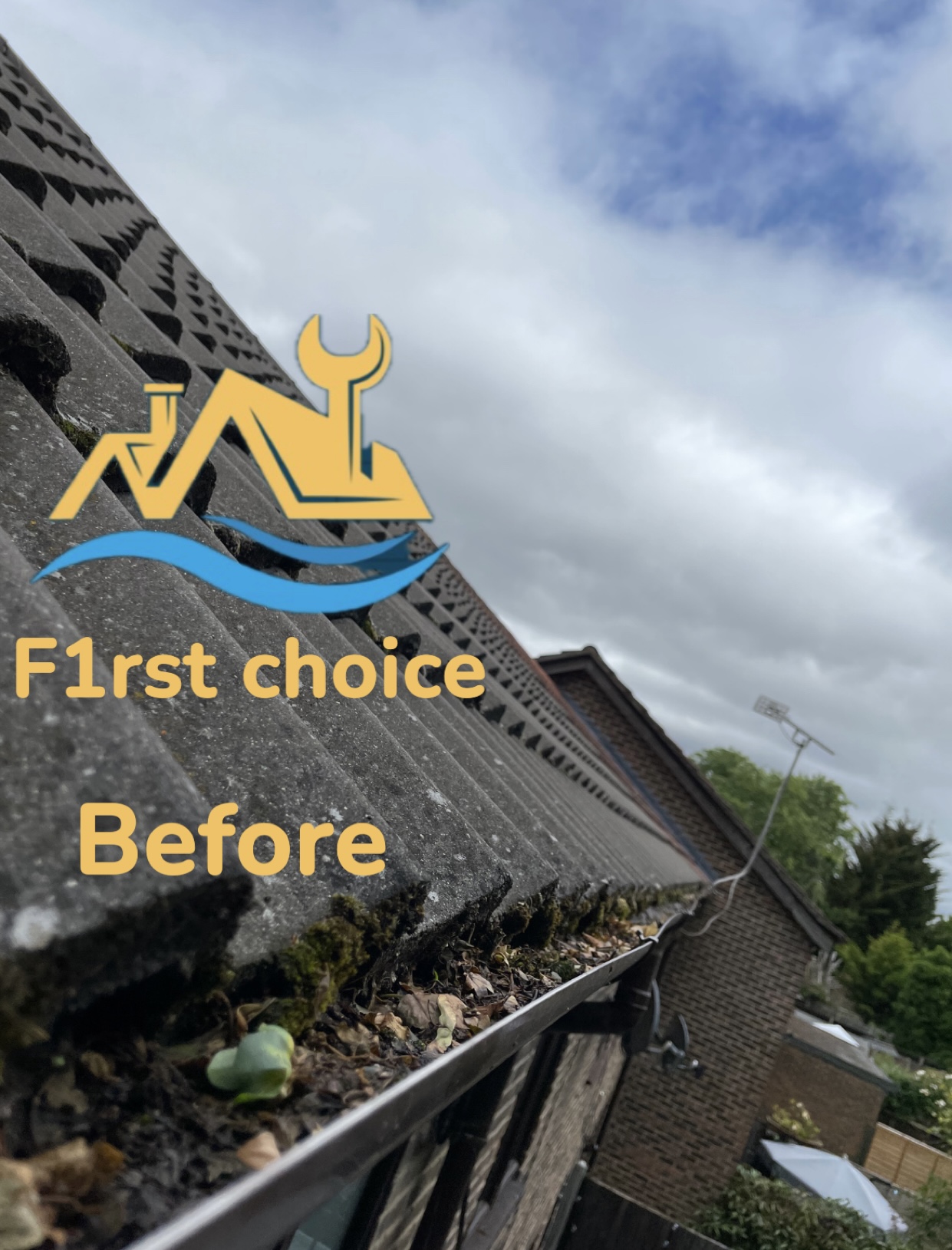 Gutter blocked with debris before cleaning
